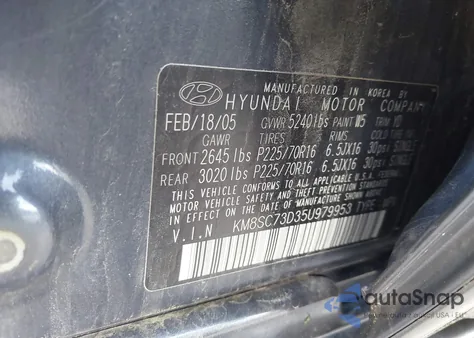 2005 Hyundai Santa Fe Gls из США, поврежденный, VIN KM8SC73D35U979953